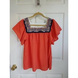 THML Blouse Womens Small Top Blouse Embroidery Flutter Sleeve Coral Flowy